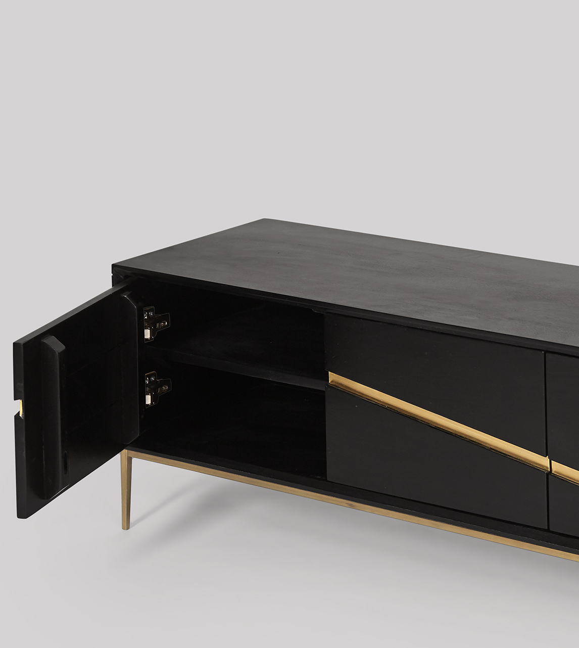 Sonny Art Deco TV Stand in Black Mango Wood & Brass Swoon
