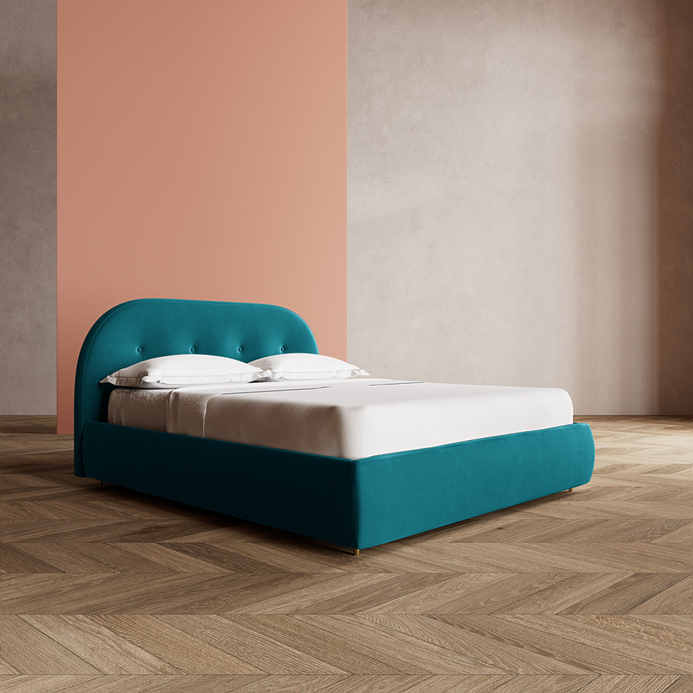 Swoon, Kingfisher Fabric, Southwark, Ottoman Bed, Easy Velvet, Brass Feet, Super King