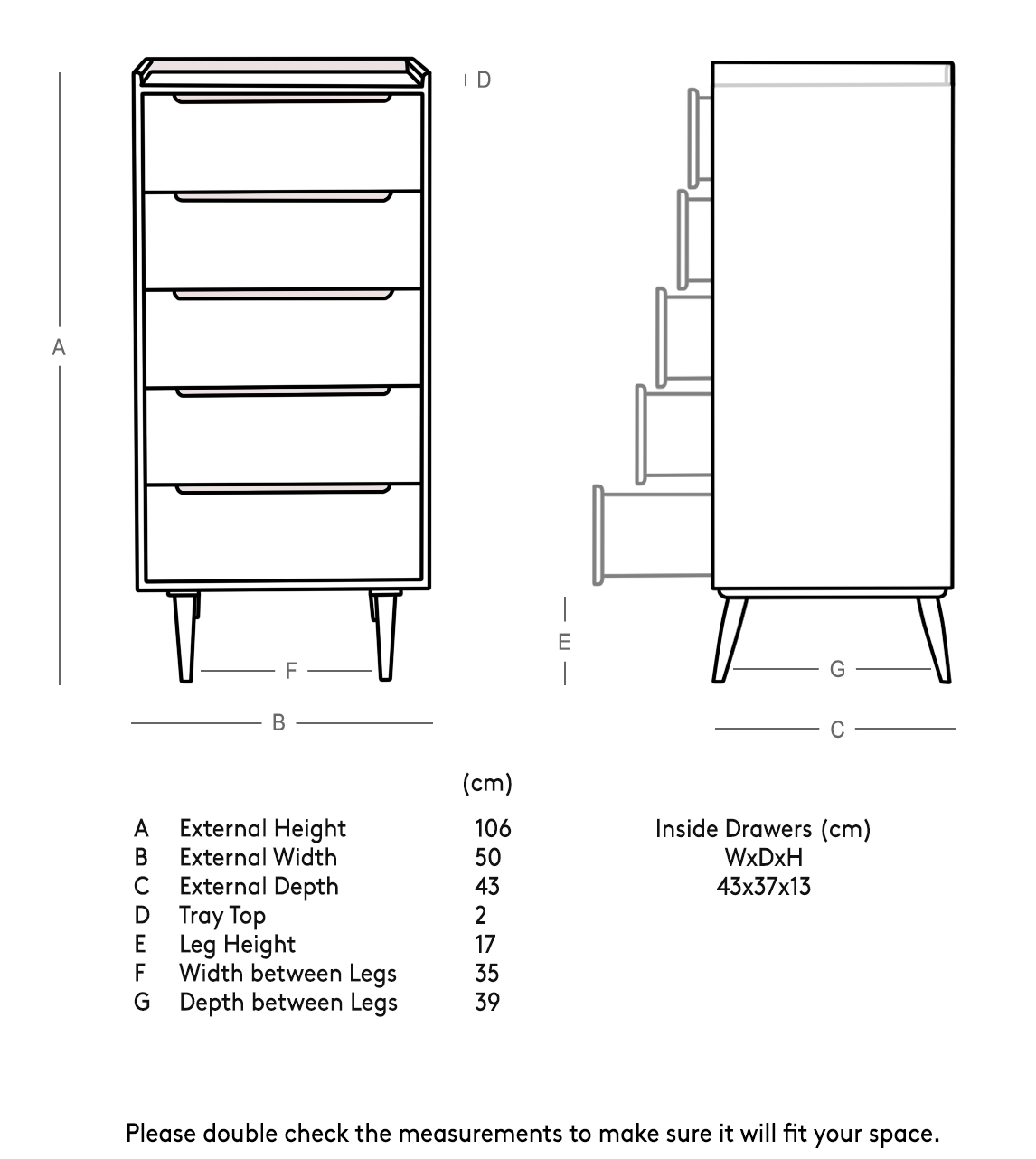 Southwark Fivedrawer Tallboy Chest of Drawers, Scandi Style in Dark