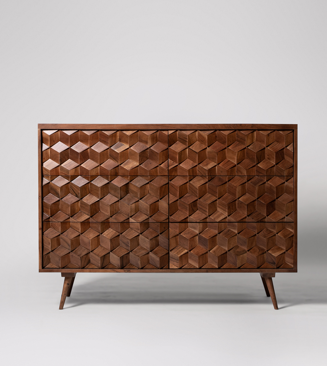 Terning Six drawer Chest of Drawers Mid Century Modern Style in Dark Brown Acacia Swoon
