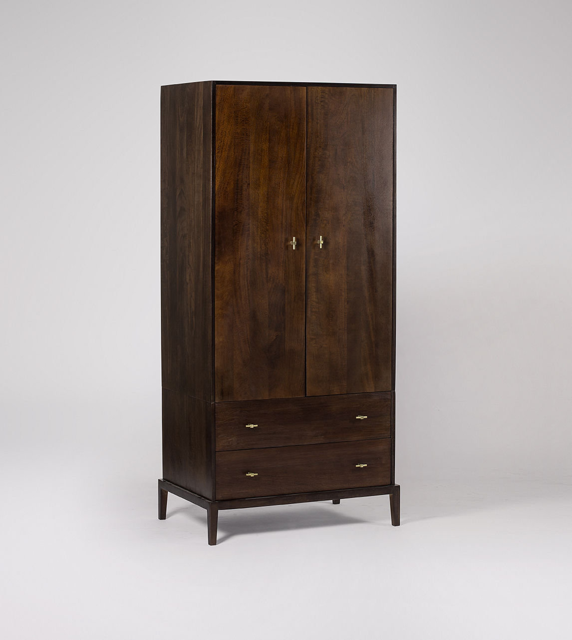Verne Contemporary Double Wardrobe in MochaStained Mango Wood & Brass