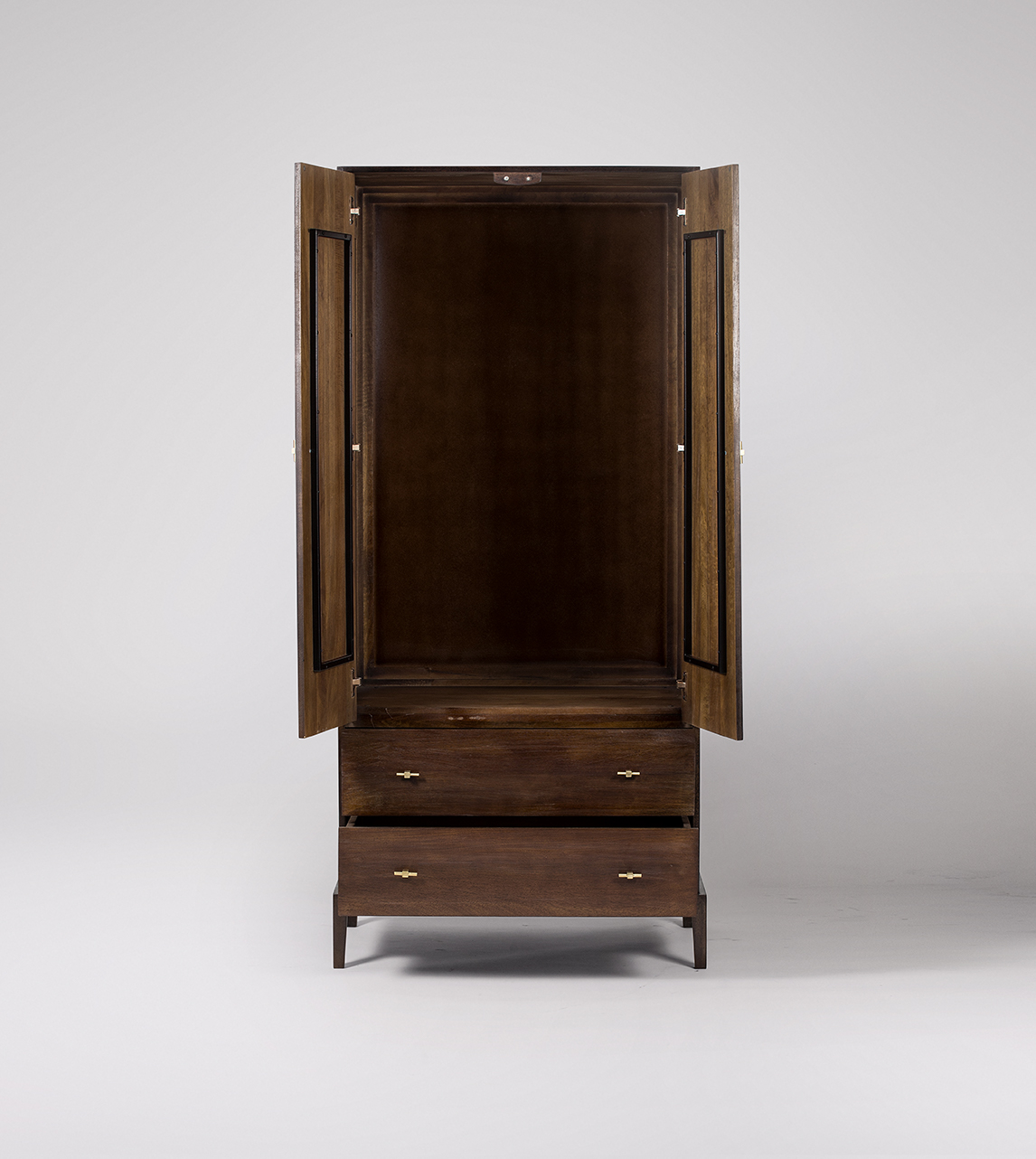 Verne Contemporary Double Wardrobe in MochaStained Mango Wood & Brass