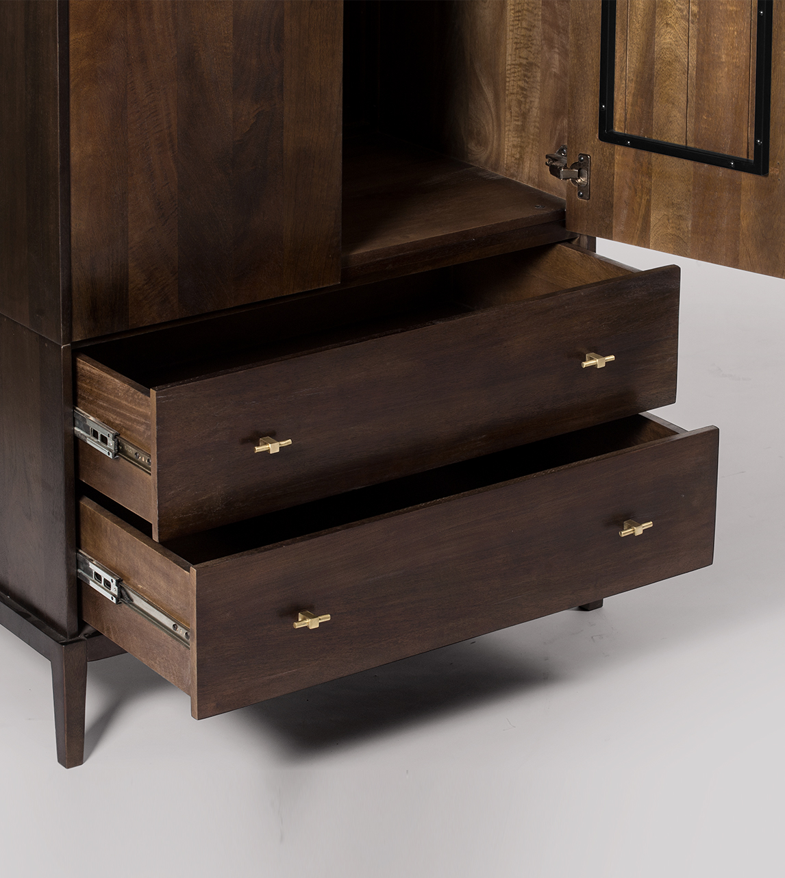 Verne Contemporary Double Wardrobe in MochaStained Mango Wood & Brass