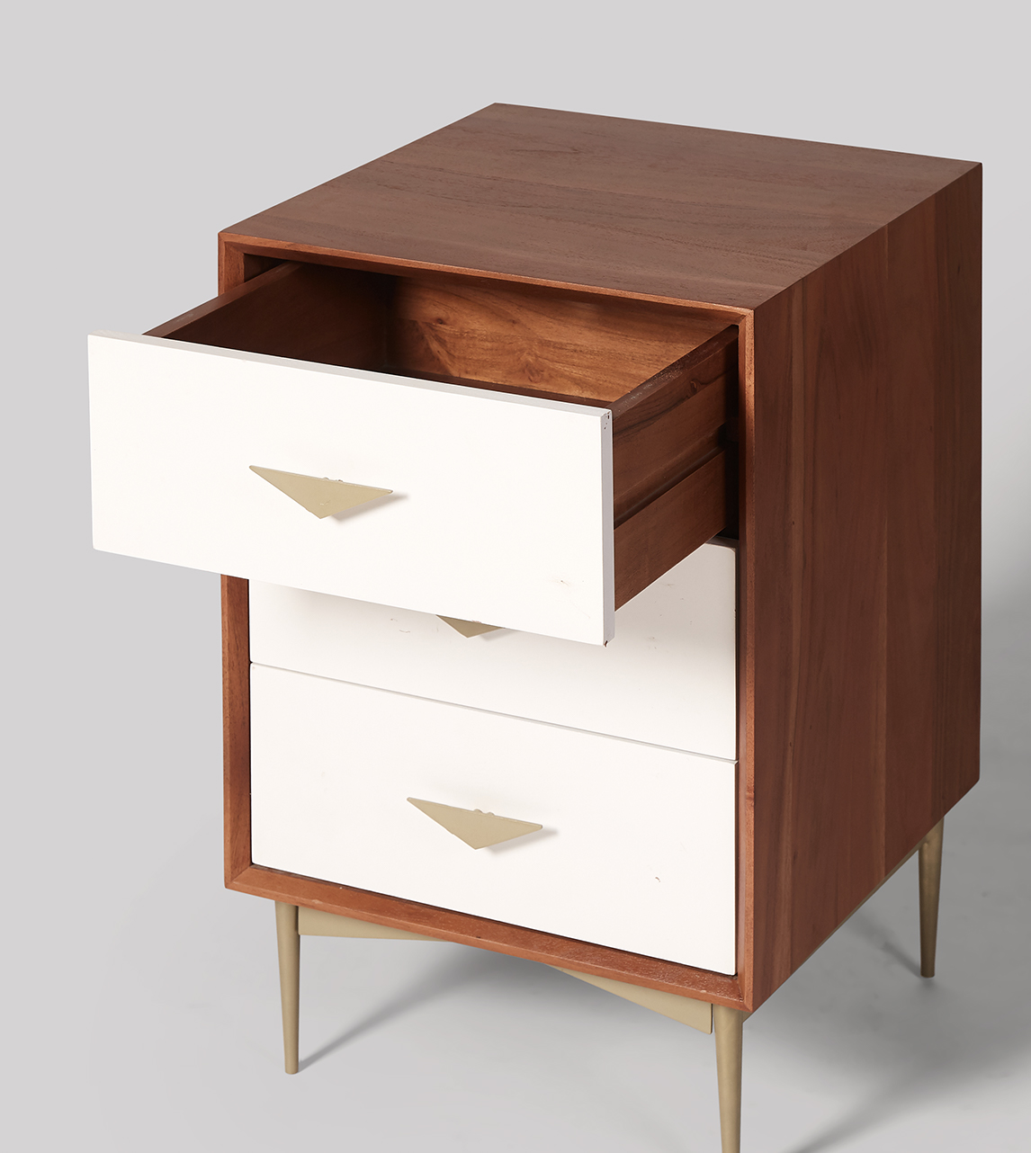 Volterra Bedside Table, MidCentury Style in Acacia, White & Brass Swoon