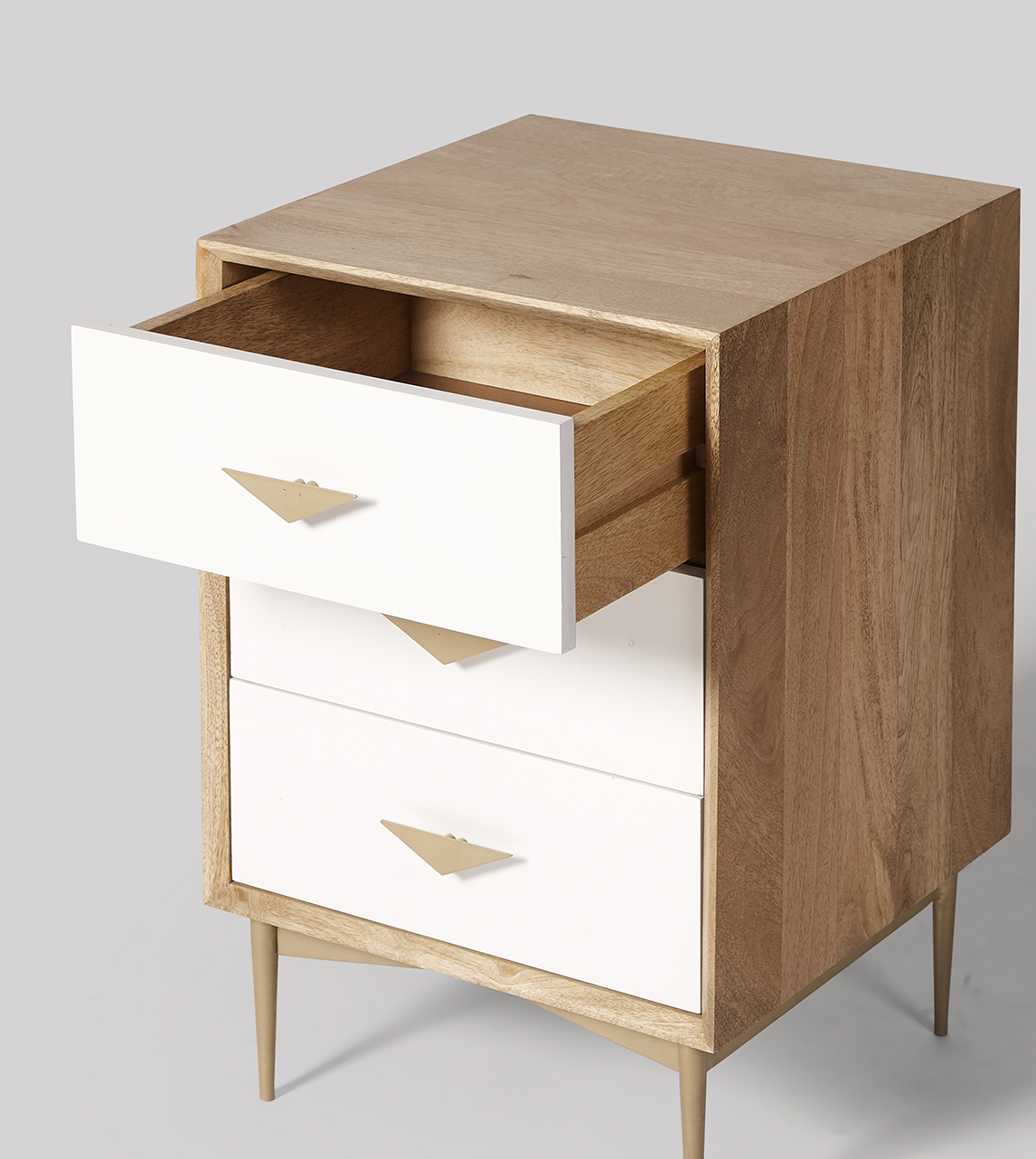 Volterra Bedside Table, MidCentury Style in Natural Mango Wood, White